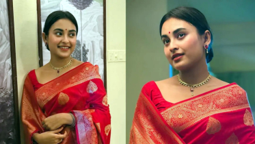 লাল শাড়িতে তটিনীর চোখজুড়ানো রূপ